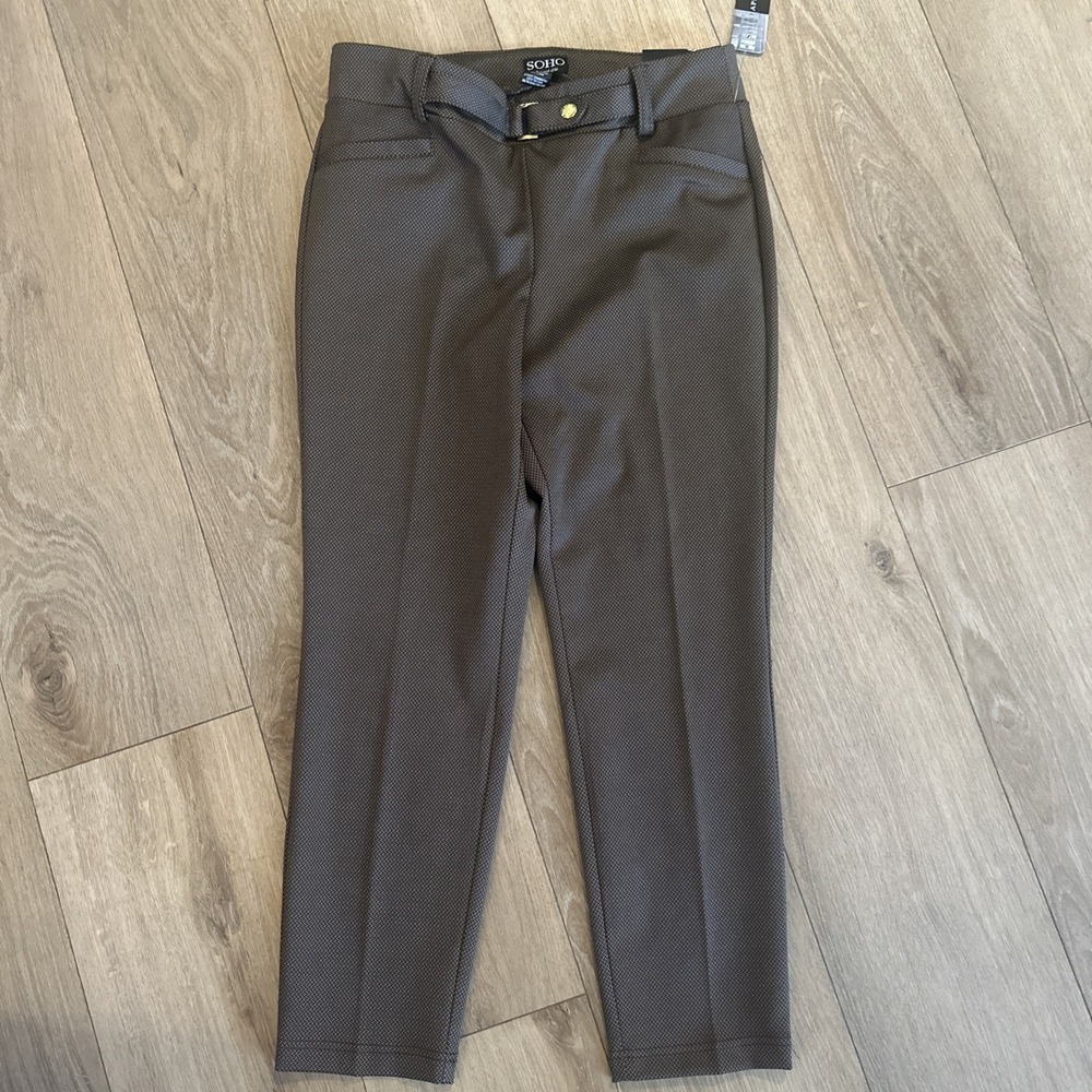 Soho Pants Womens Petite Medium Brown Pull On Slim Stretch Ankle Pants Gold NWT